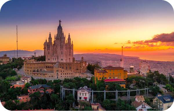 Sagrada Família basilica in Barcelona, Spain, under golden light