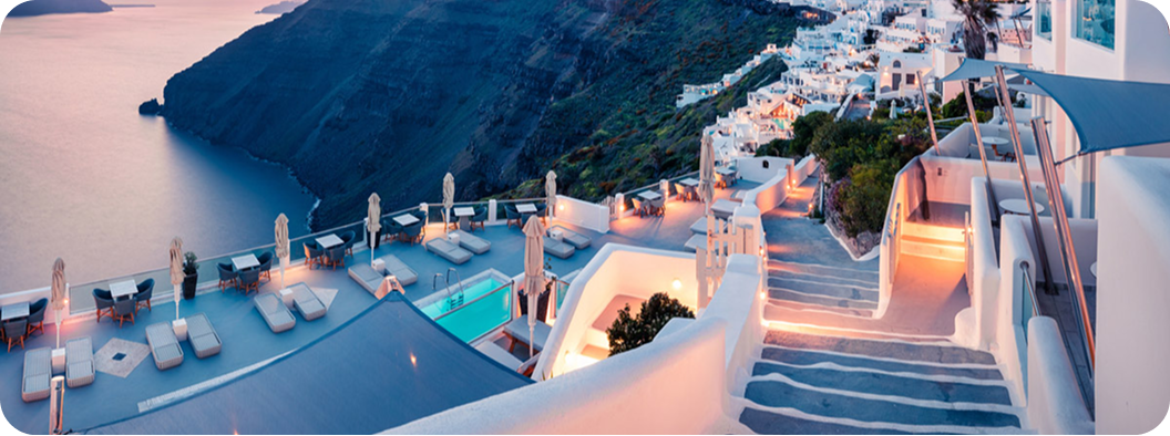 Santorini island with blue domes and caldera view, Greece